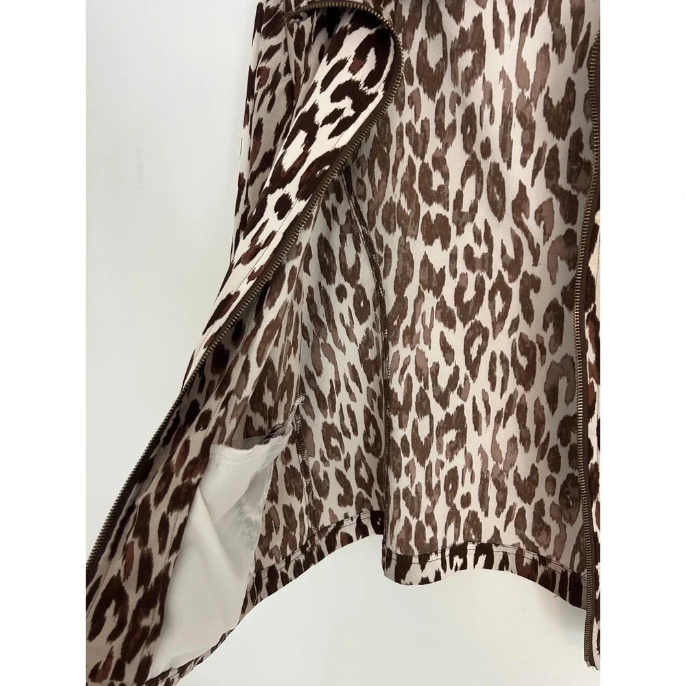 Chicos Weekends Leopard Print Zip Front Jacket Brown Cream 3/4 Sleeve Size 1 M